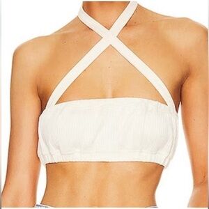 NWT WEWOREWHAT Halter Bra Top L‎ Ivory Ribbed Soft Bralette Boho Festival Crop